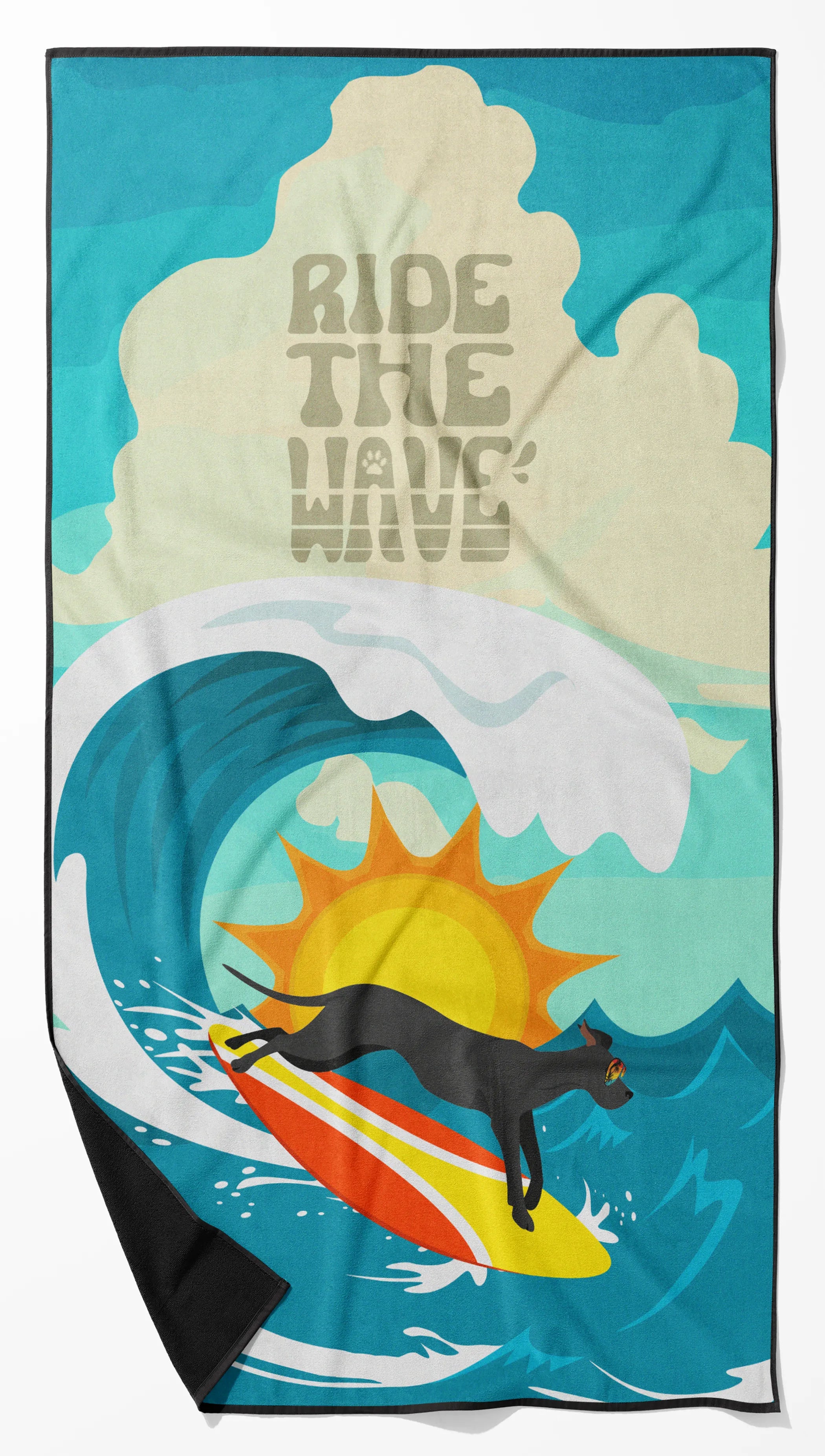 Surfer Dog Ride the Wave Premium Beach Towel - Size: 60HX130W | Pack Of: 1 | Collection name: Surfer dog ride the wave