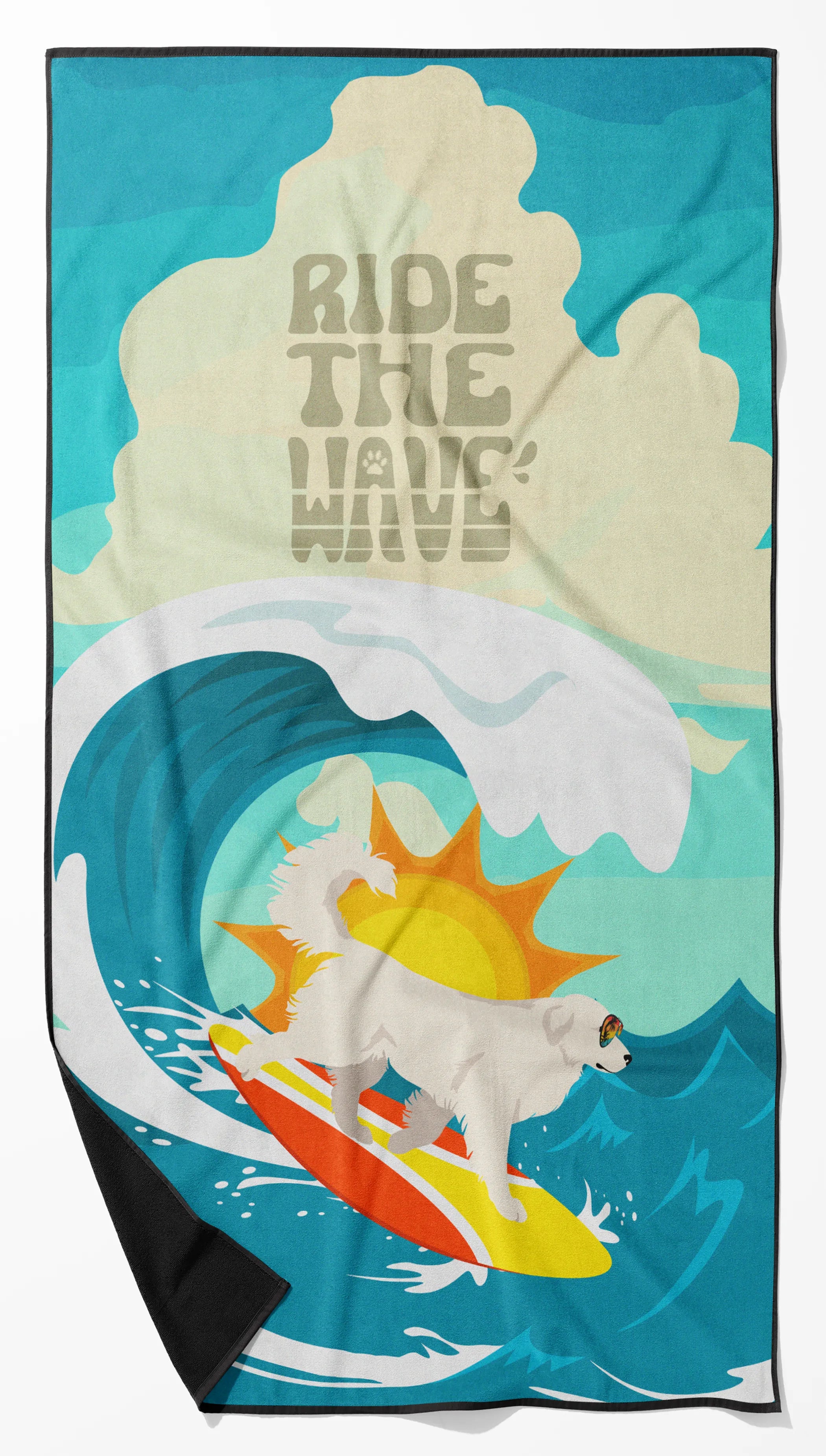 Surfer Dog Ride the Wave Premium Beach Towel - Size: 60HX130W | Pack Of: 1 | Collection name: Surfer dog ride the wave