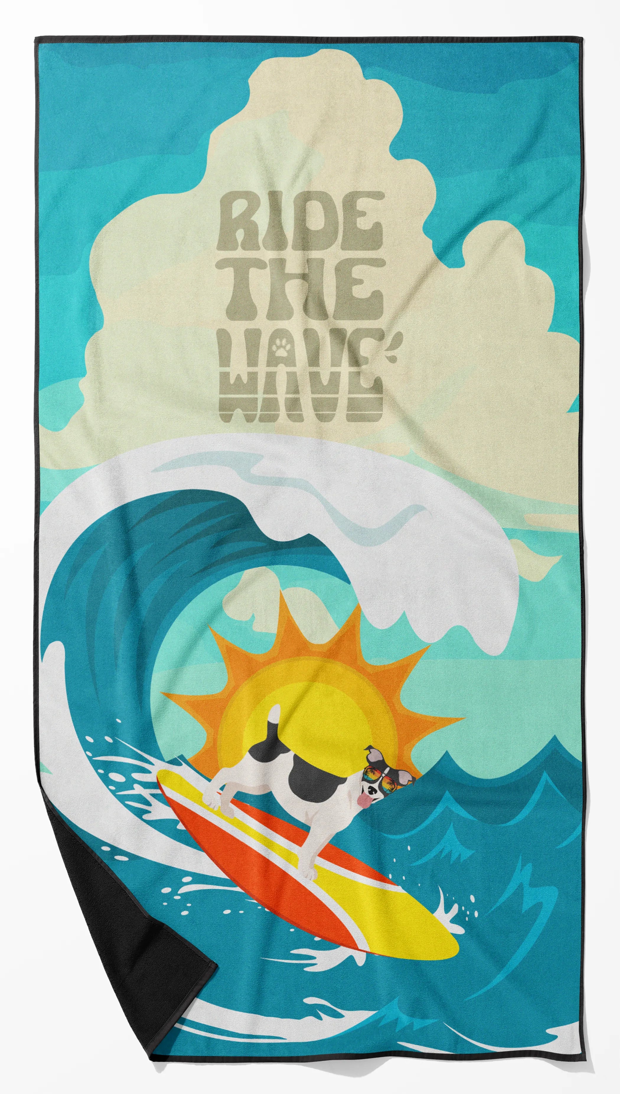 Surfer Dog Ride the Wave Premium Beach Towel - Size: 60HX130W | Pack Of: 1 | Collection name: Surfer dog ride the wave