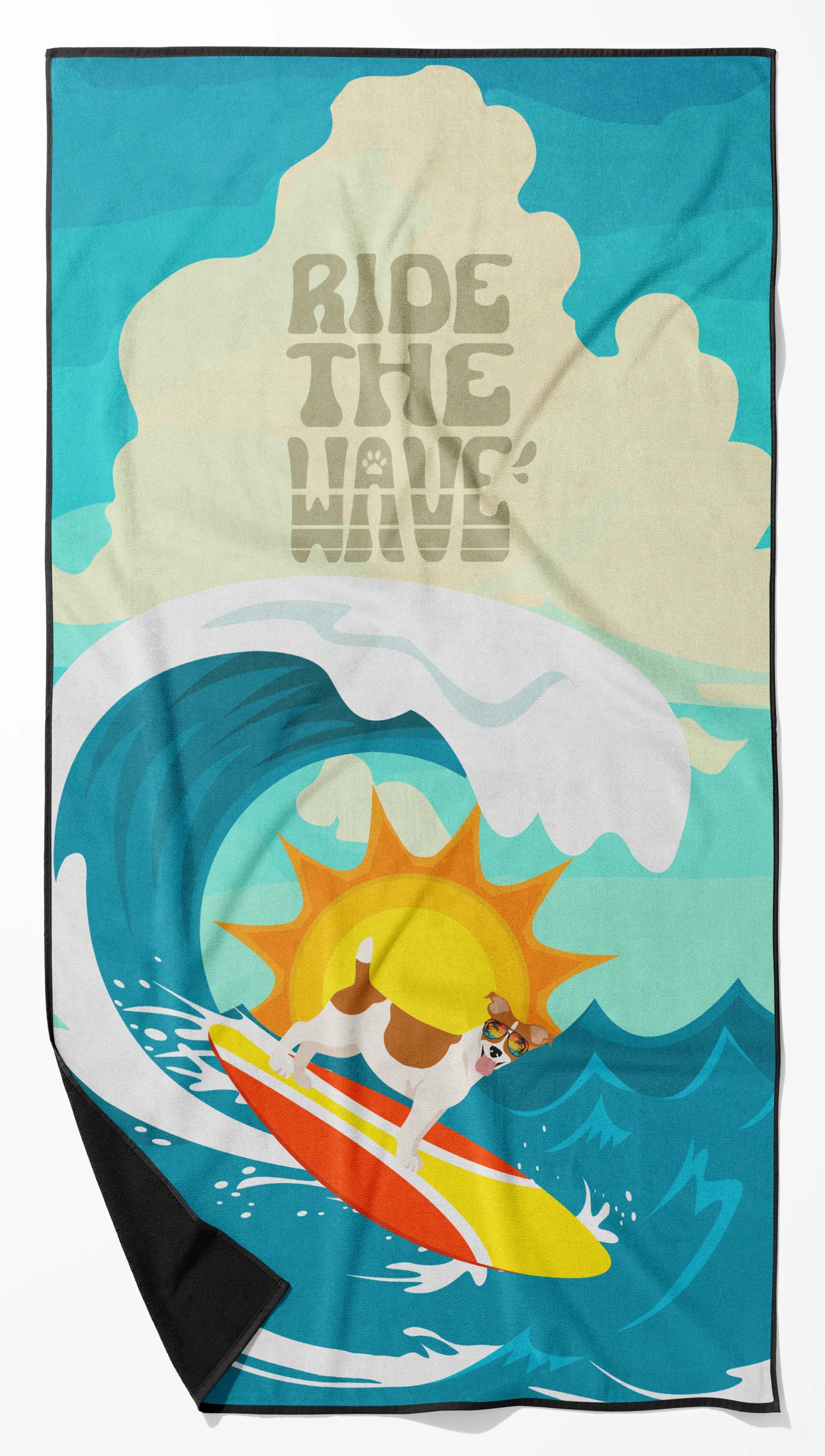Surfer Dog Ride the Wave Premium Beach Towel - Size: 60HX130W | Pack Of: 1 | Collection name: Surfer dog ride the wave