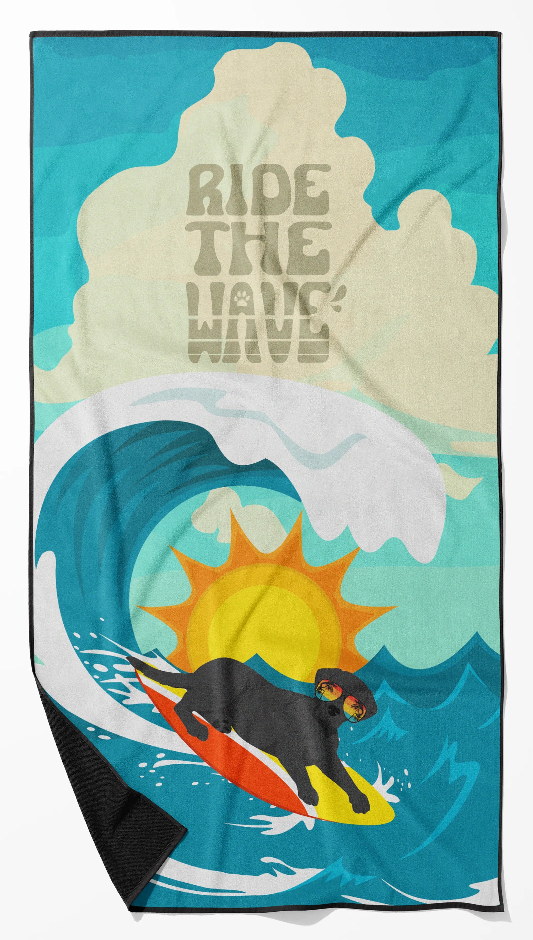 Surfer Dog Ride the Wave Premium Beach Towel - Size: 60HX130W | Pack Of: 1 | Collection name: Surfer dog ride the wave