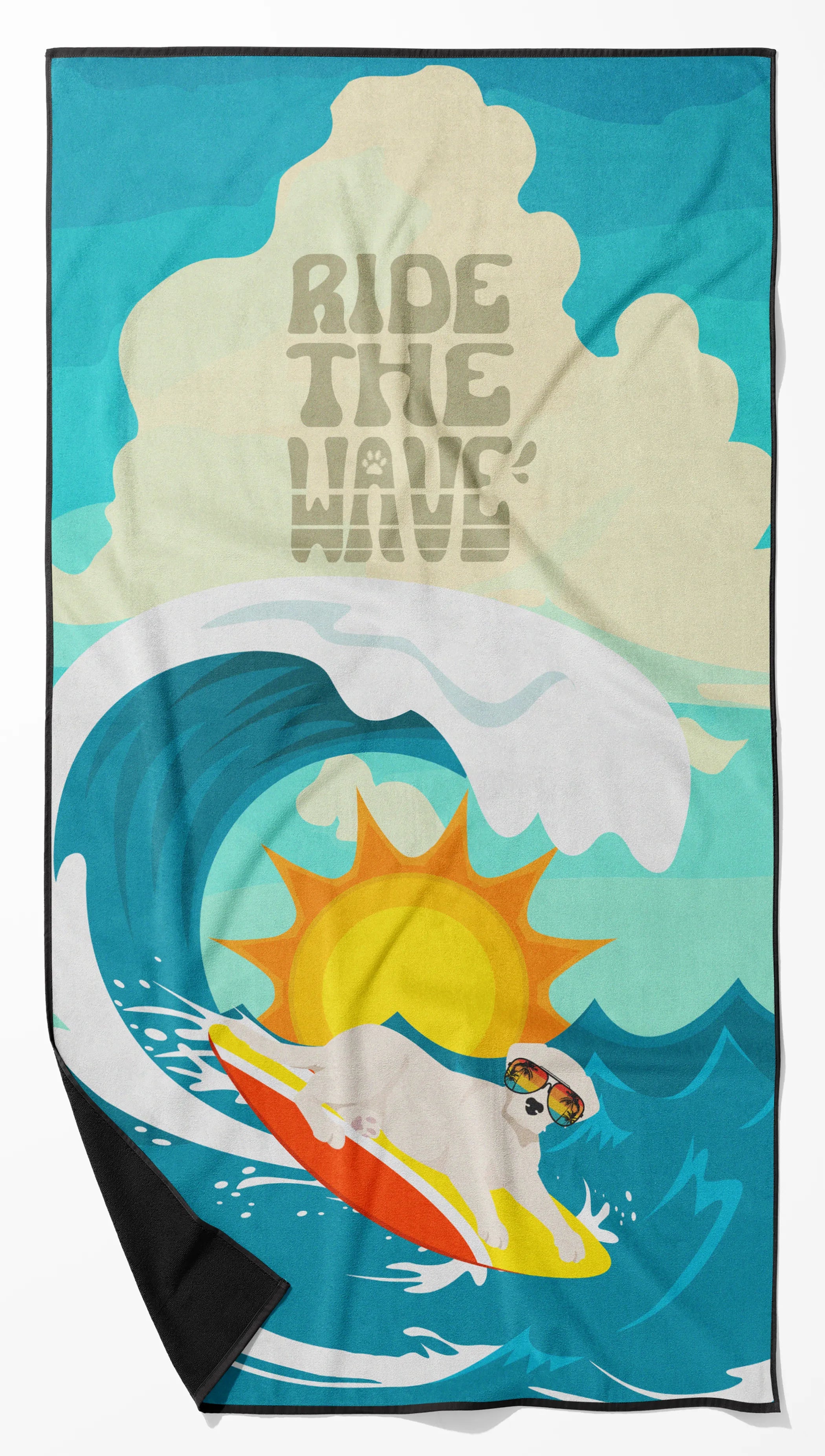 Surfer Dog Ride the Wave Premium Beach Towel - Size: 60HX130W | Pack Of: 1 | Collection name: Surfer dog ride the wave