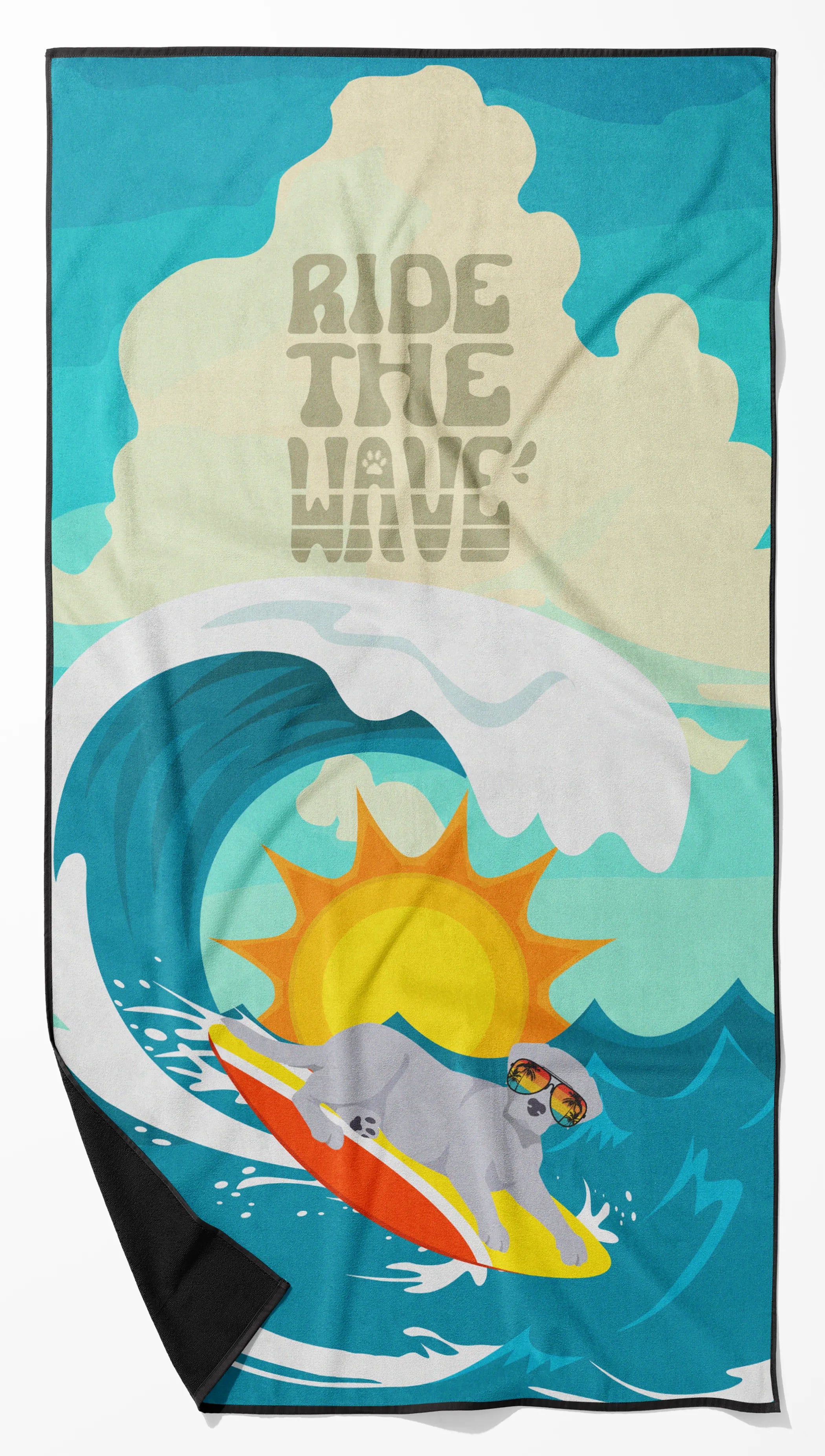 Surfer Dog Ride the Wave Premium Beach Towel - Size: 60HX130W | Pack Of: 1 | Collection name: Surfer dog ride the wave