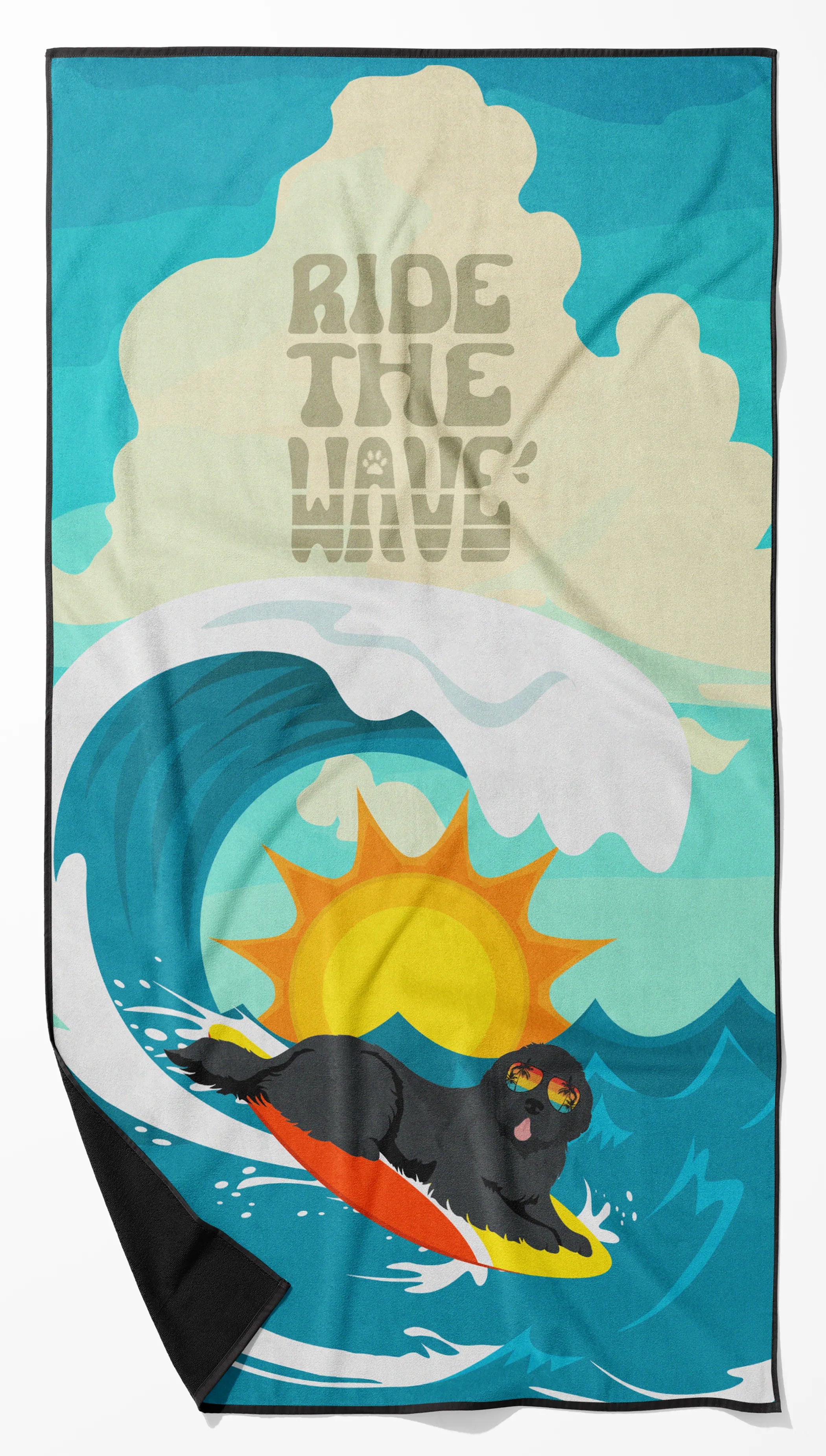 Surfer Dog Ride the Wave Premium Beach Towel - Size: 60HX130W | Pack Of: 1 | Collection name: Surfer dog ride the wave