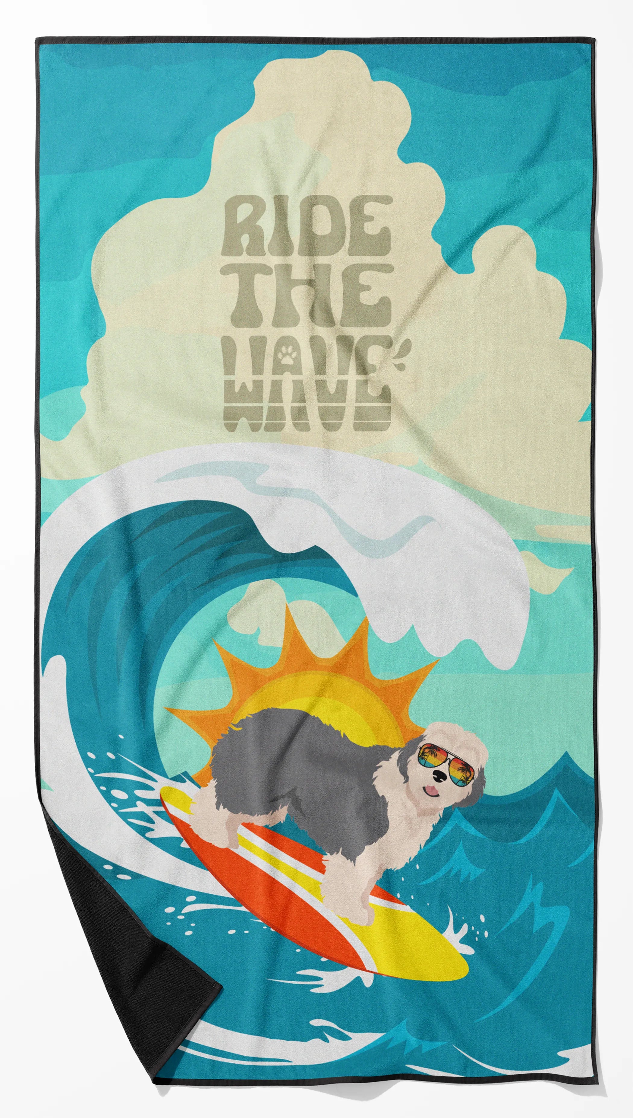 Surfer Dog Ride the Wave Premium Beach Towel - Size: 60HX130W | Pack Of: 1 | Collection name: Surfer dog ride the wave