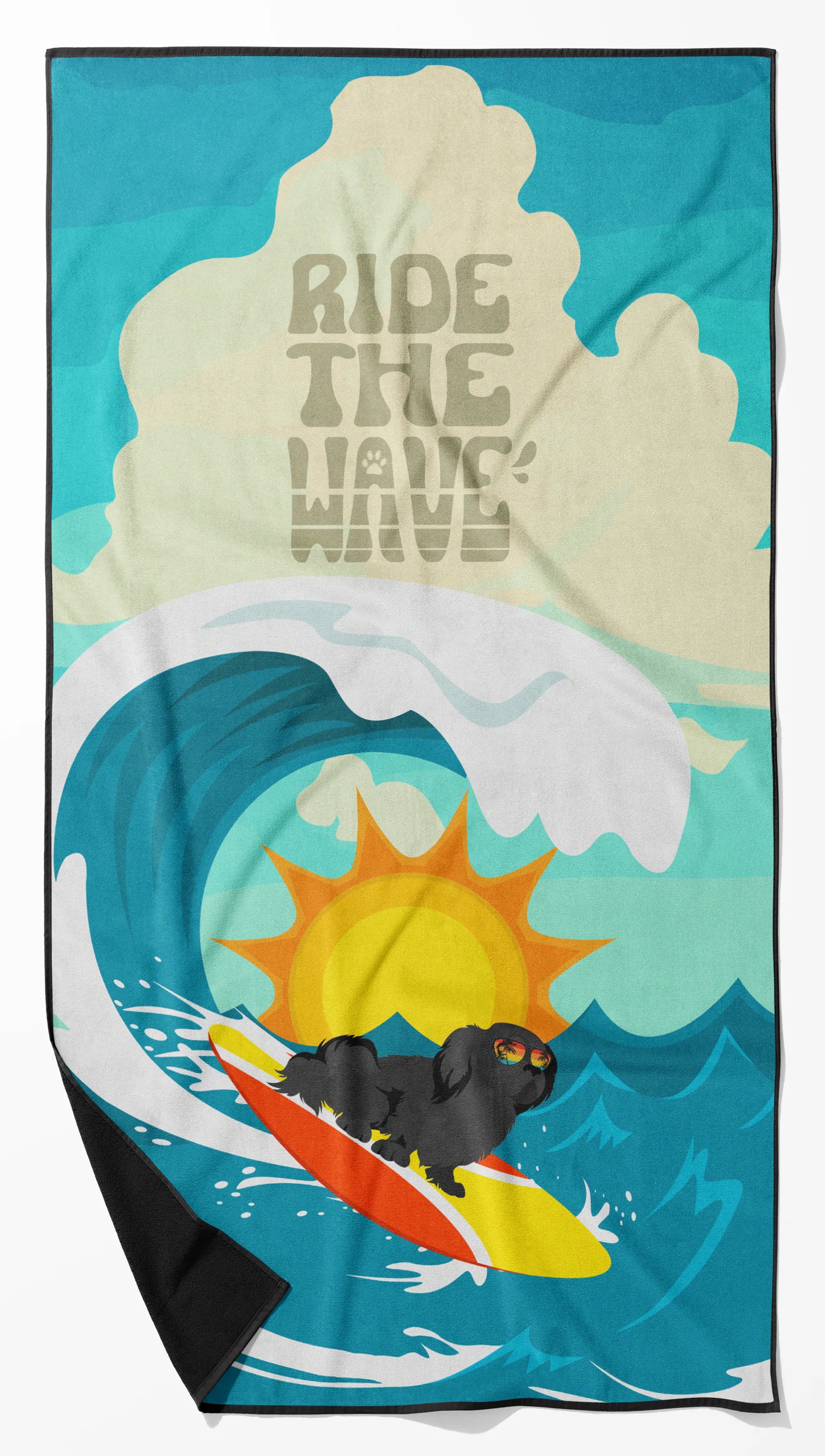 Surfer Dog Ride the Wave Premium Beach Towel - Size: 60HX130W | Pack Of: 1 | Collection name: Surfer dog ride the wave