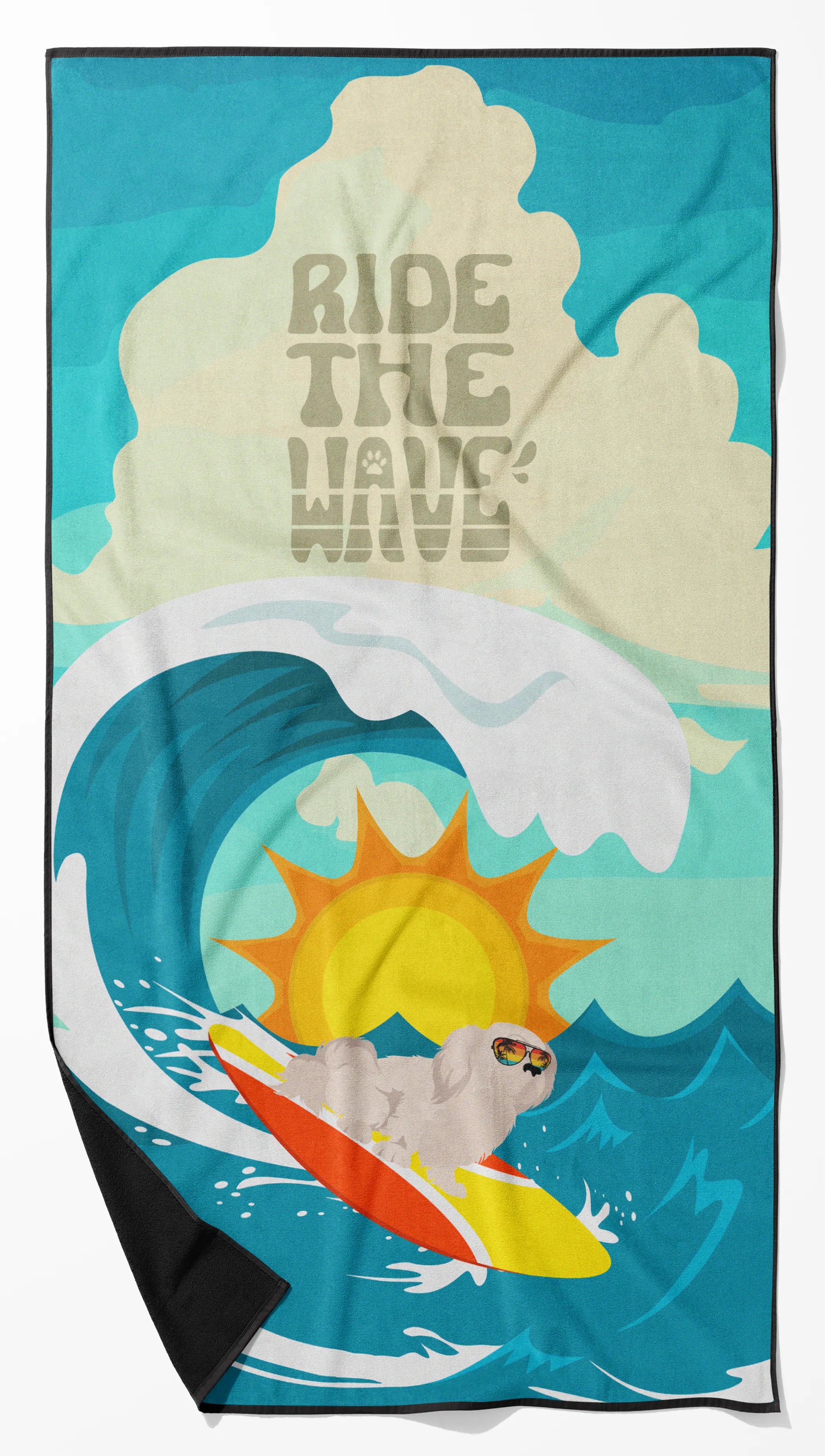 Surfer Dog Ride the Wave Premium Beach Towel - Size: 60HX130W | Pack Of: 1 | Collection name: Surfer dog ride the wave