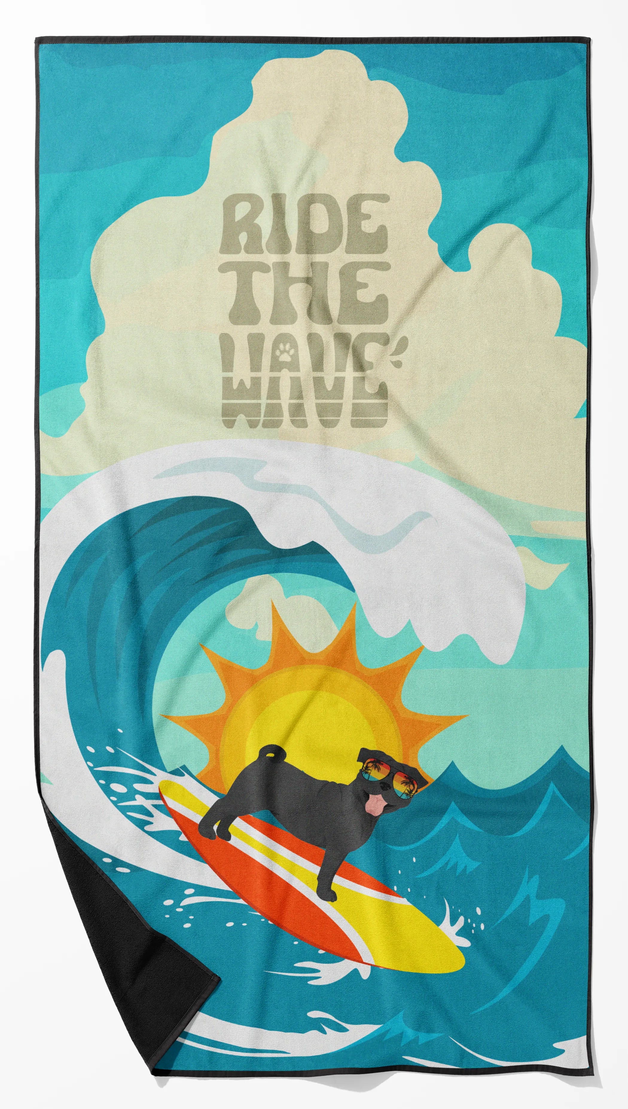 Surfer Dog Ride the Wave Premium Beach Towel - Size: 60HX130W | Pack Of: 1 | Collection name: Surfer dog ride the wave