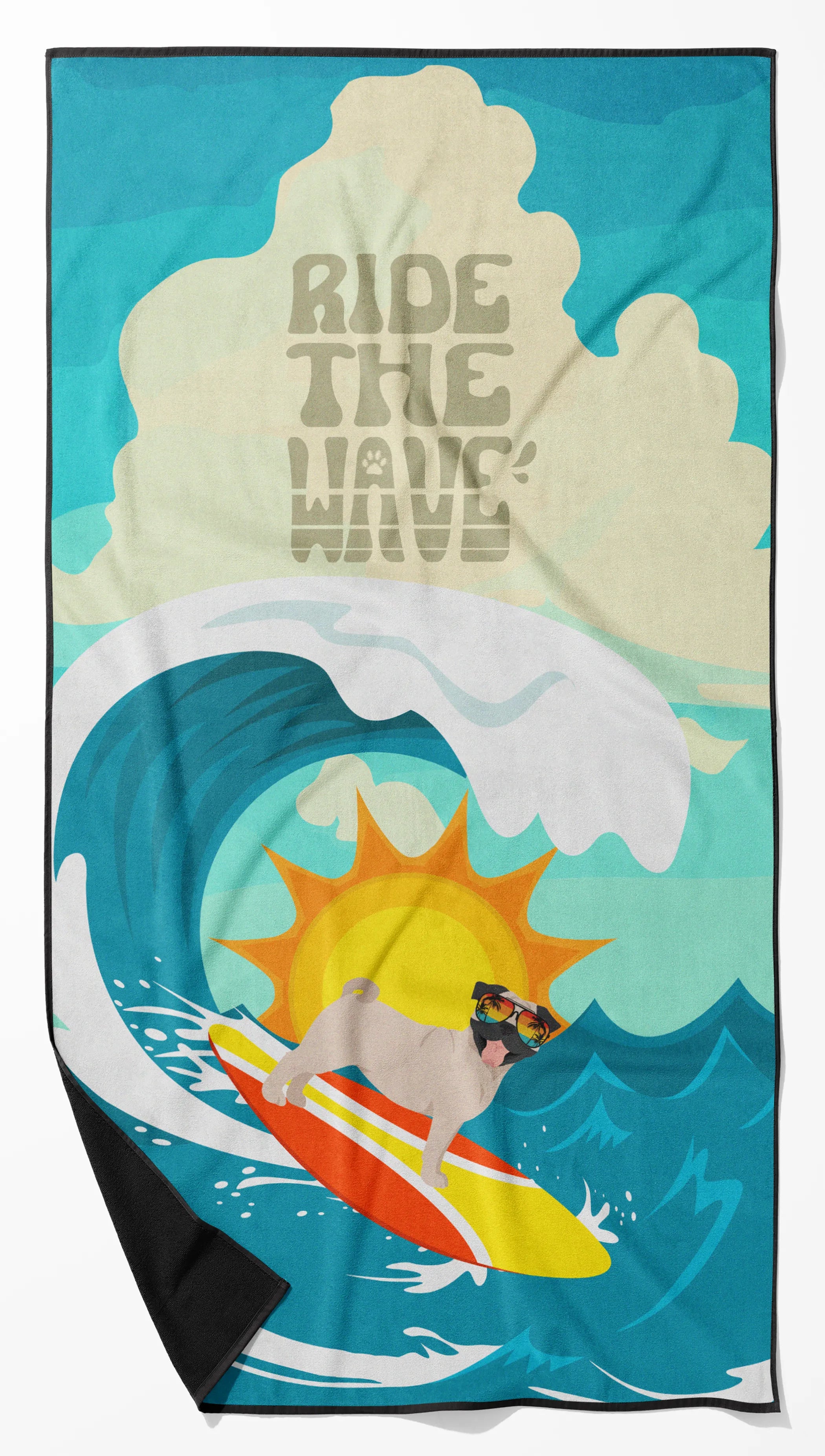 Surfer Dog Ride the Wave Premium Beach Towel - Size: 60HX130W | Pack Of: 1 | Collection name: Surfer dog ride the wave