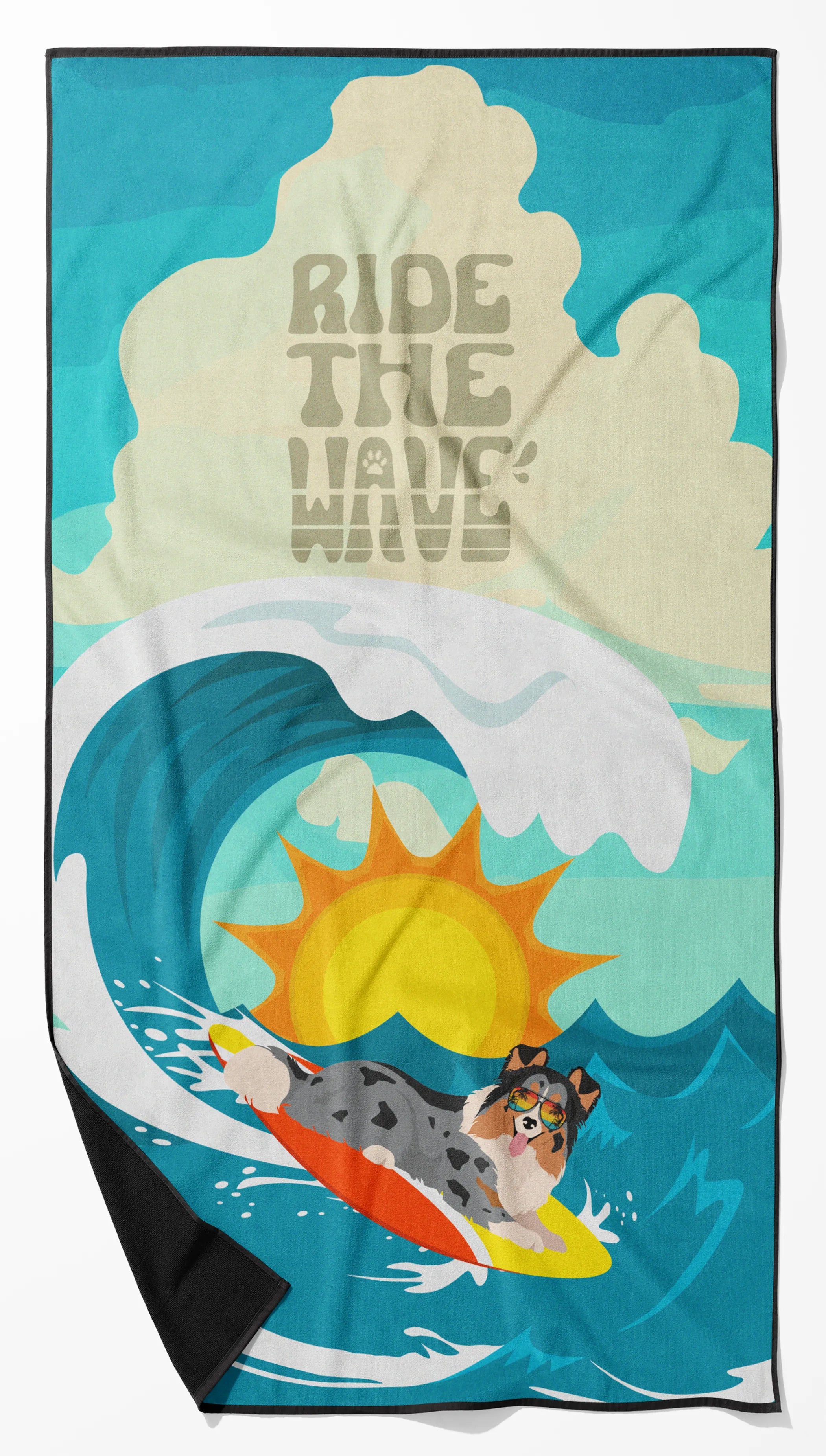 Surfer Dog Ride the Wave Premium Beach Towel - Size: 60HX130W | Pack Of: 1 | Collection name: Surfer dog ride the wave