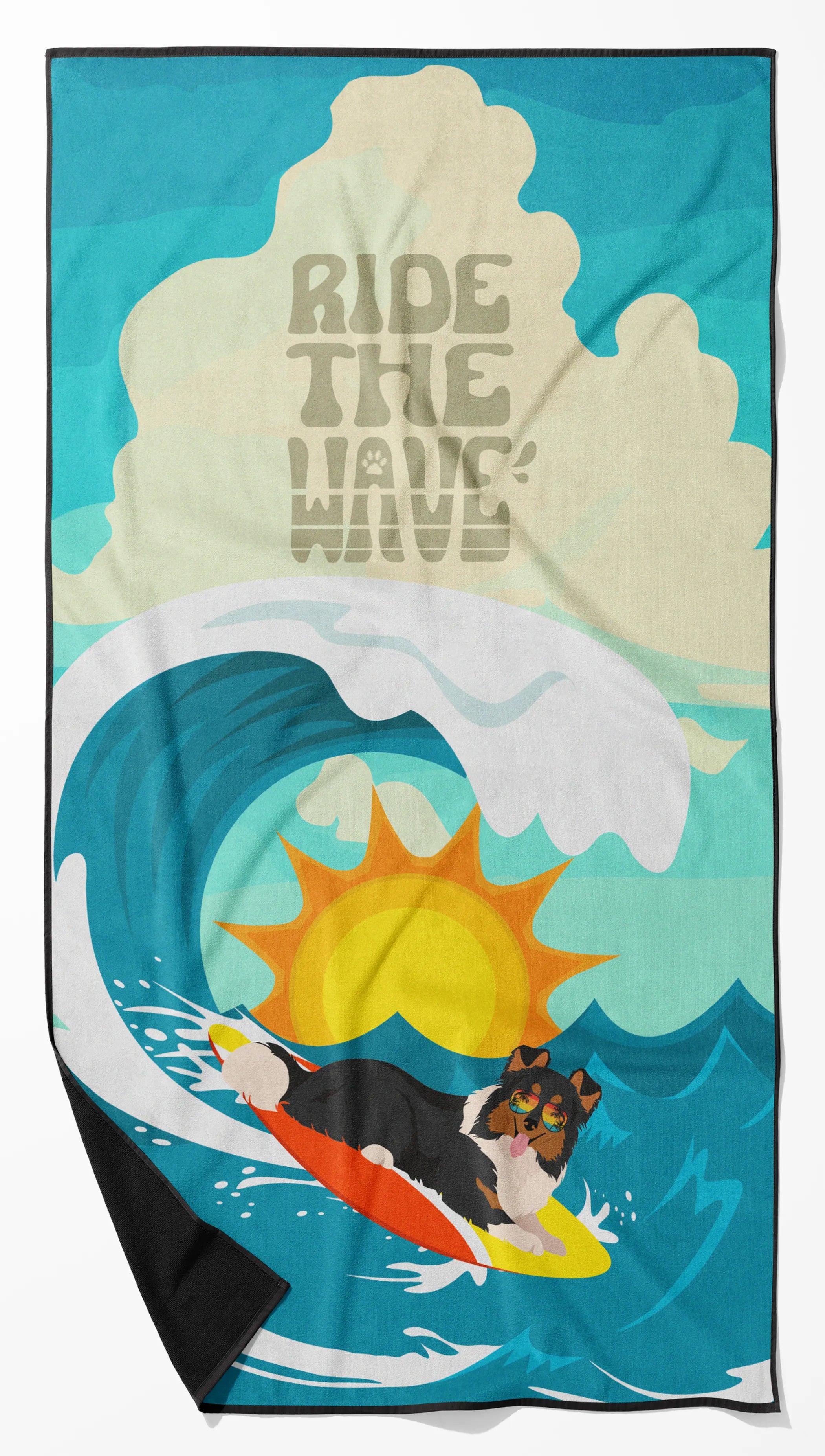 Surfer Dog Ride the Wave Premium Beach Towel - Size: 60HX130W | Pack Of: 1 | Collection name: Surfer dog ride the wave