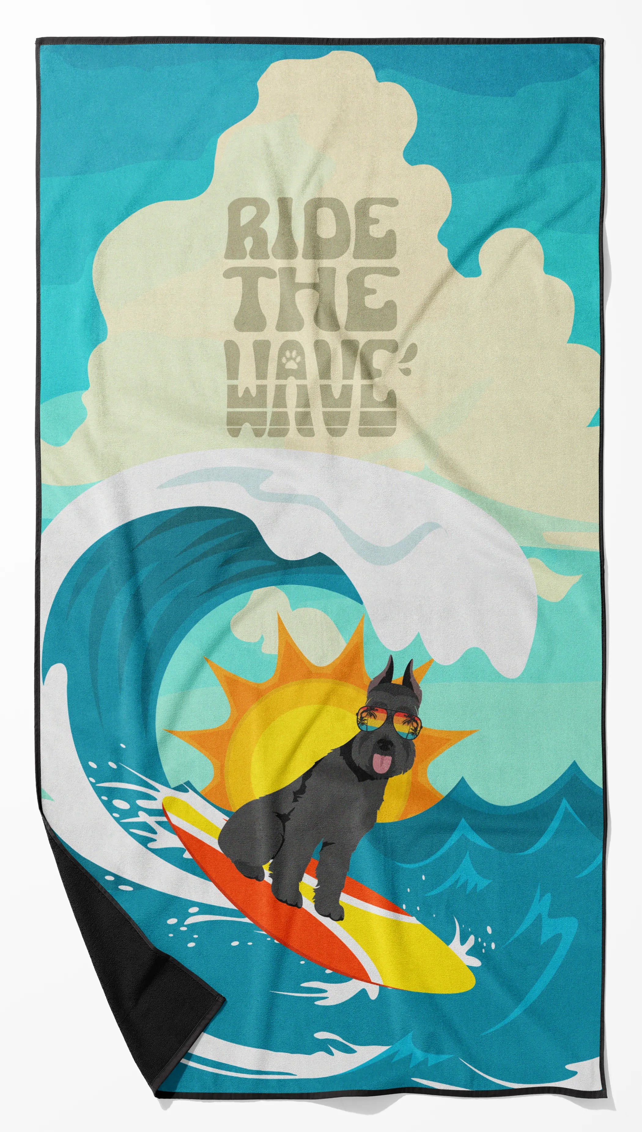 Surfer Dog Ride the Wave Premium Beach Towel - Size: 60HX130W | Pack Of: 1 | Collection name: Surfer dog ride the wave
