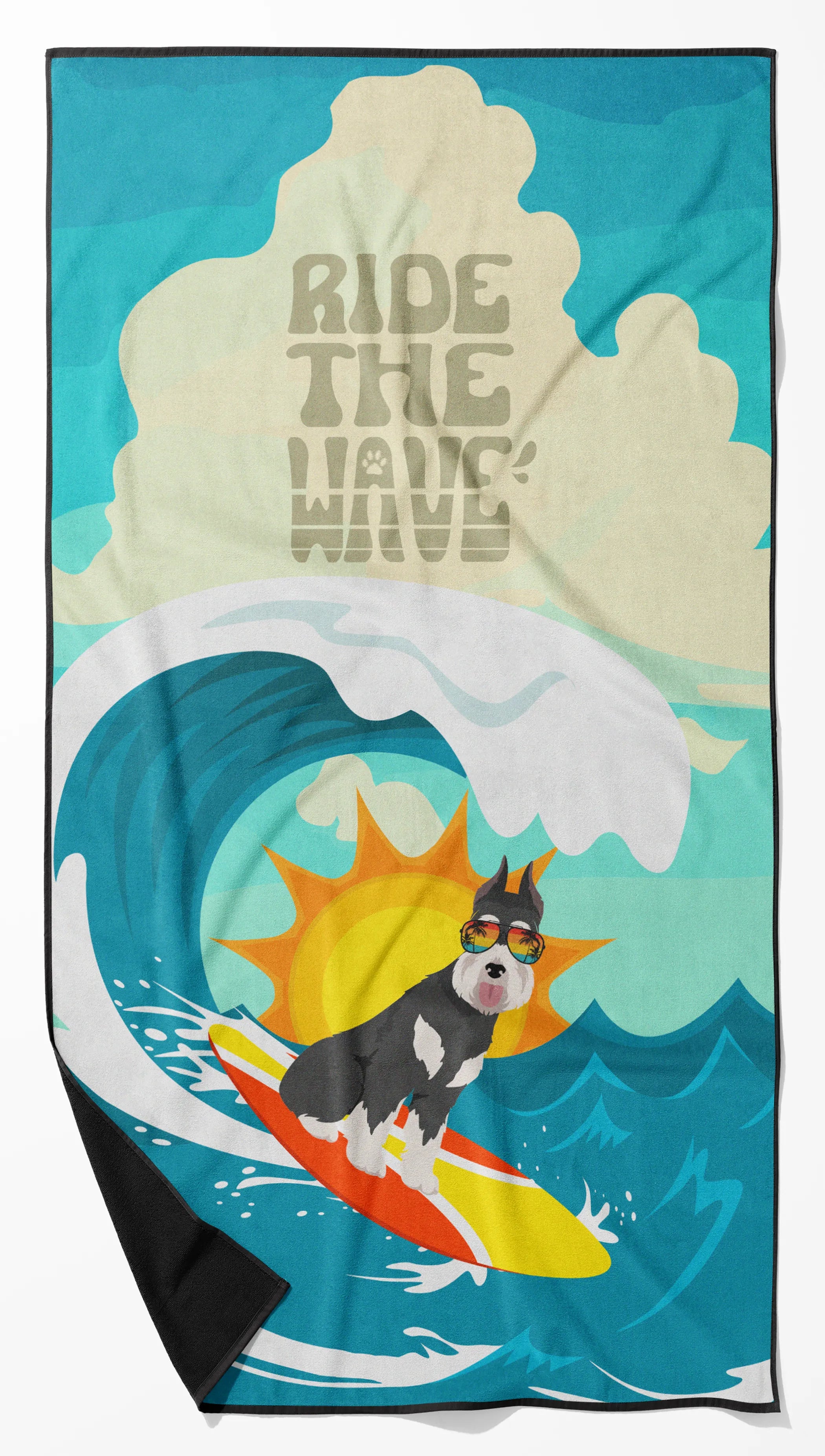 Surfer Dog Ride the Wave Premium Beach Towel - Size: 60HX130W | Pack Of: 1 | Collection name: Surfer dog ride the wave