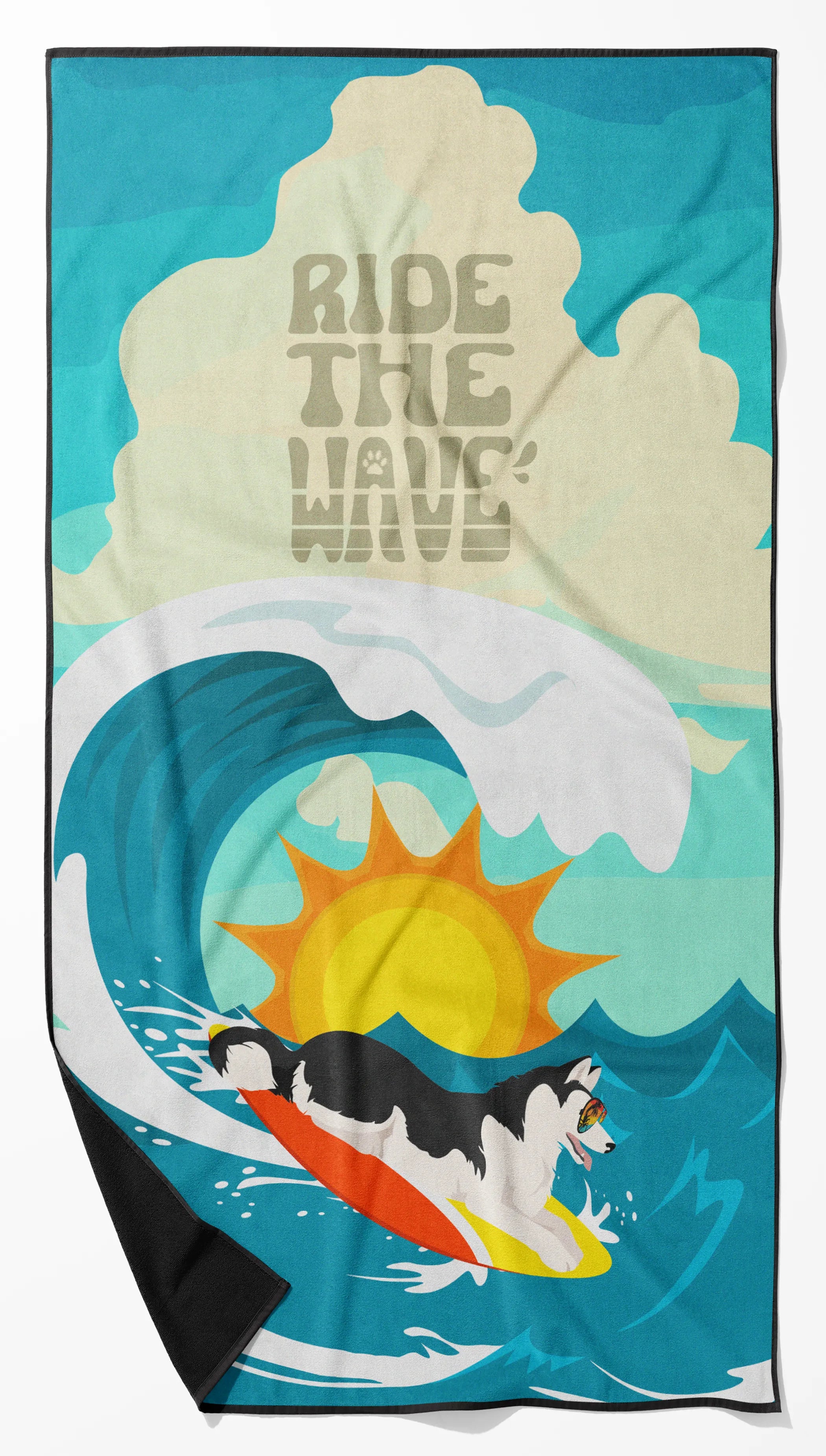 Surfer Dog Ride the Wave Premium Beach Towel - Size: 60HX130W | Pack Of: 1 | Collection name: Surfer dog ride the wave