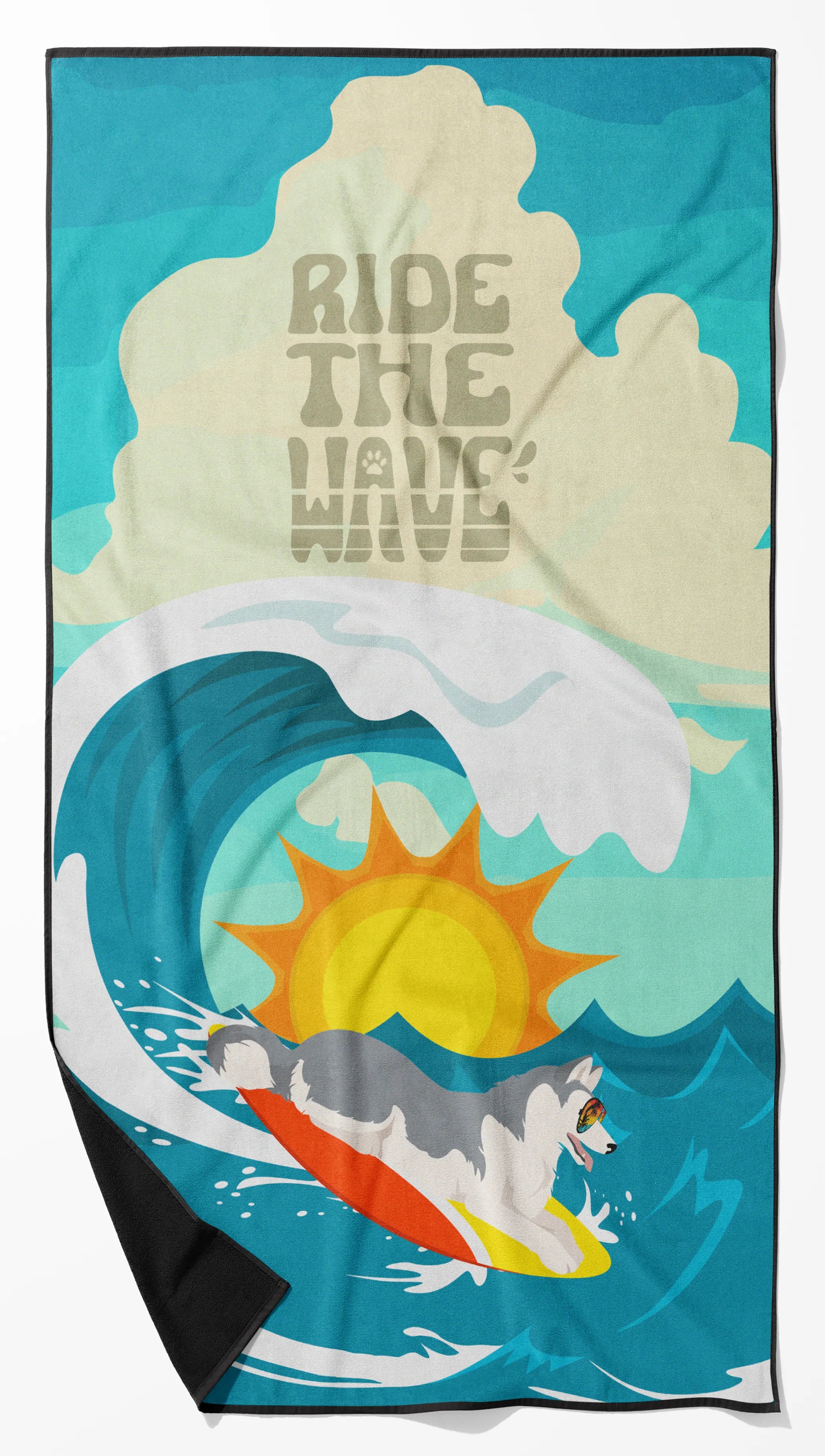 Surfer Dog Ride the Wave Premium Beach Towel - Size: 60HX130W | Pack Of: 1 | Collection name: Surfer dog ride the wave
