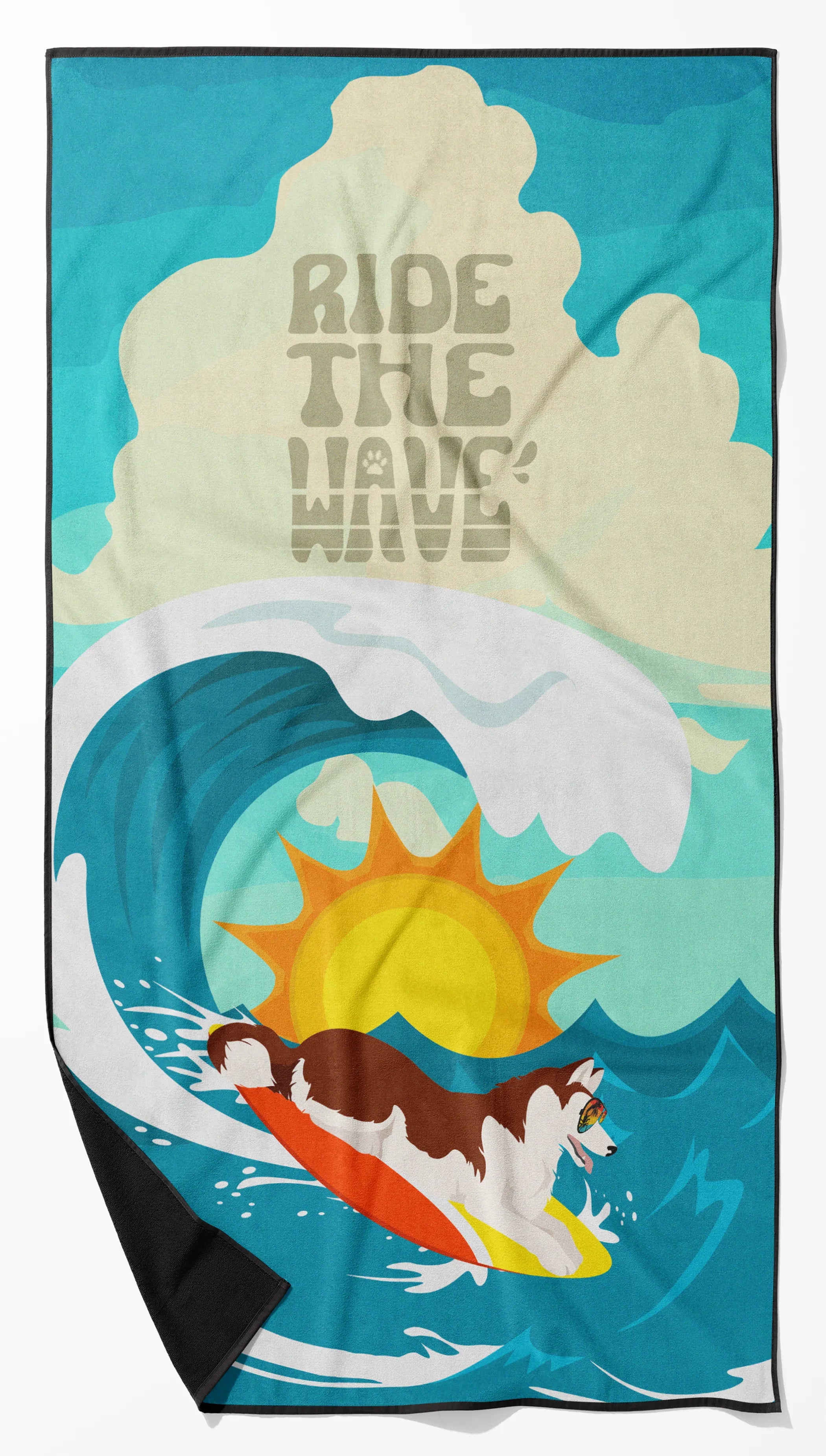 Surfer Dog Ride the Wave Premium Beach Towel - Size: 60HX130W | Pack Of: 1 | Collection name: Surfer dog ride the wave