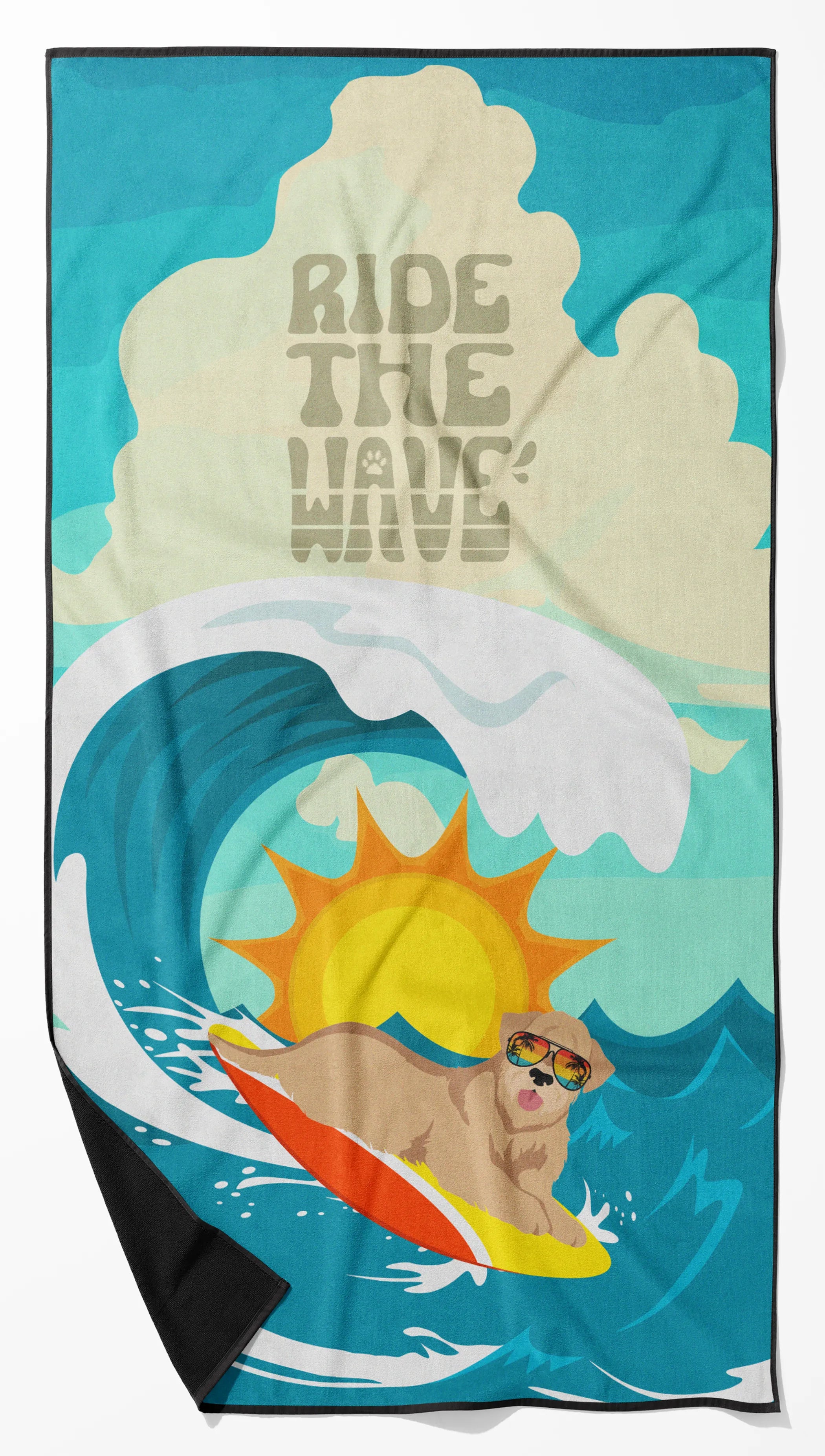 Surfer Dog Ride the Wave Premium Beach Towel - Size: 60HX130W | Pack Of: 1 | Collection name: Surfer dog ride the wave