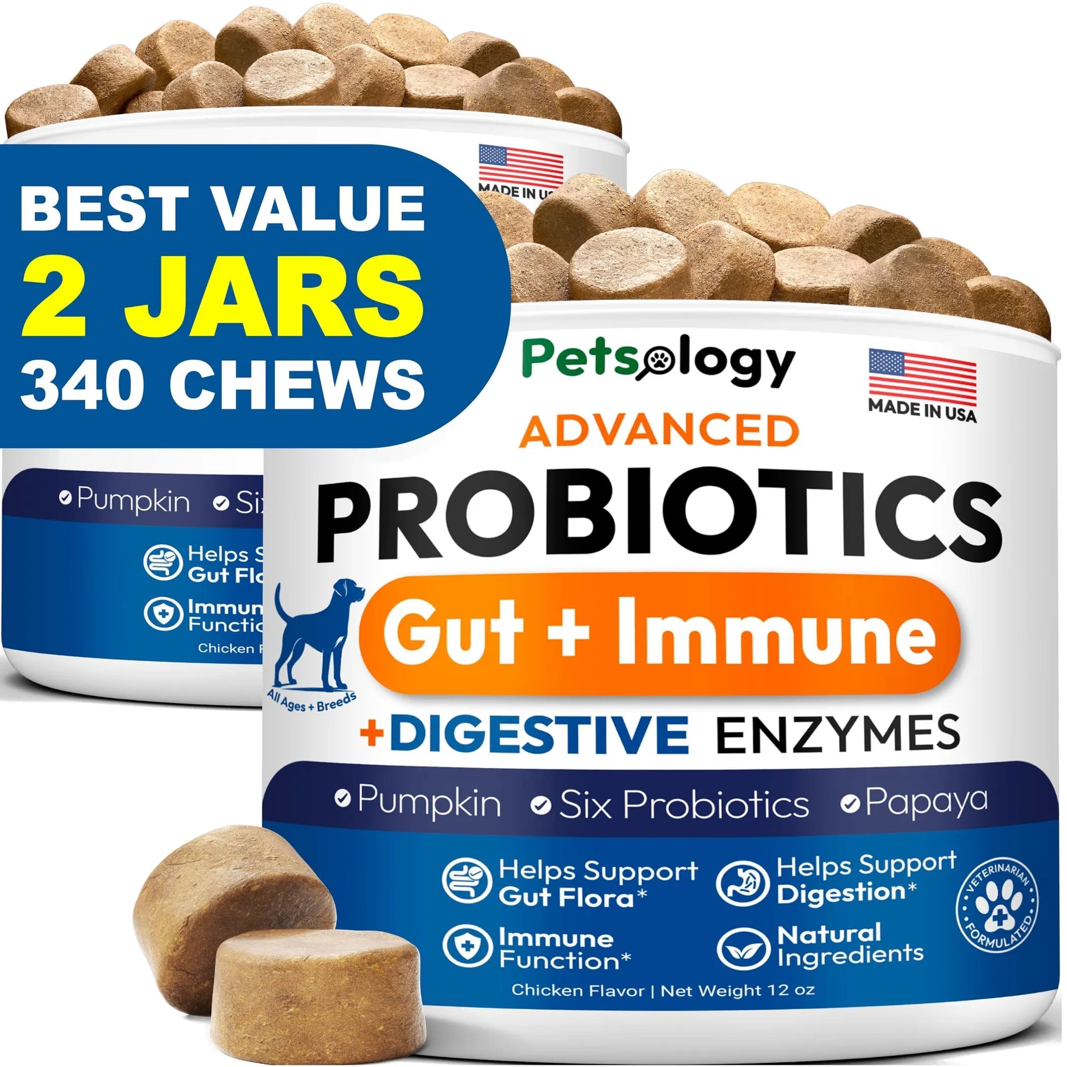 2 Pack Probiotics for Dogs 340 Dog Probiotics Chews Digestive Enzymes & Prebiotics Support Gut Health Diarrhea Gas & Constipation Relief Itchy Skin Al