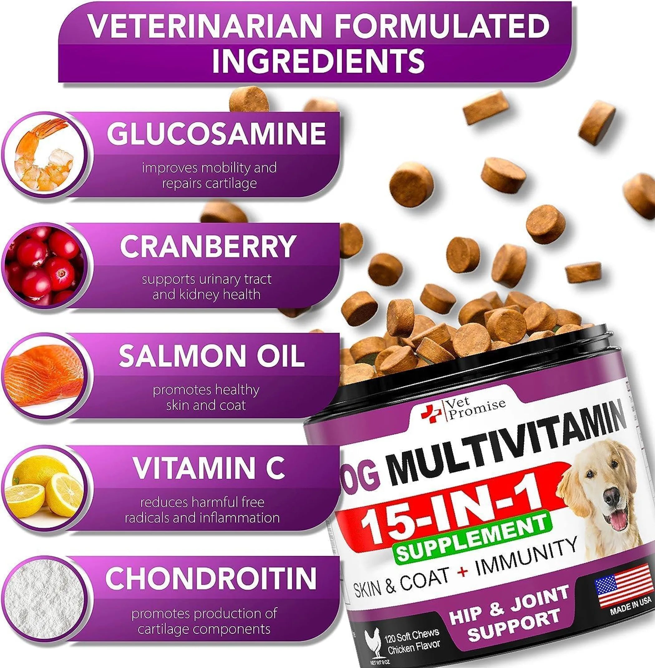 2 Pack Dog Multivitamin Chewable with Glucosamine 15-IN-1 Dog Vitamins and Supplements Senior & Puppy Multivitamin for Dogs Pet Joint Support Health I
