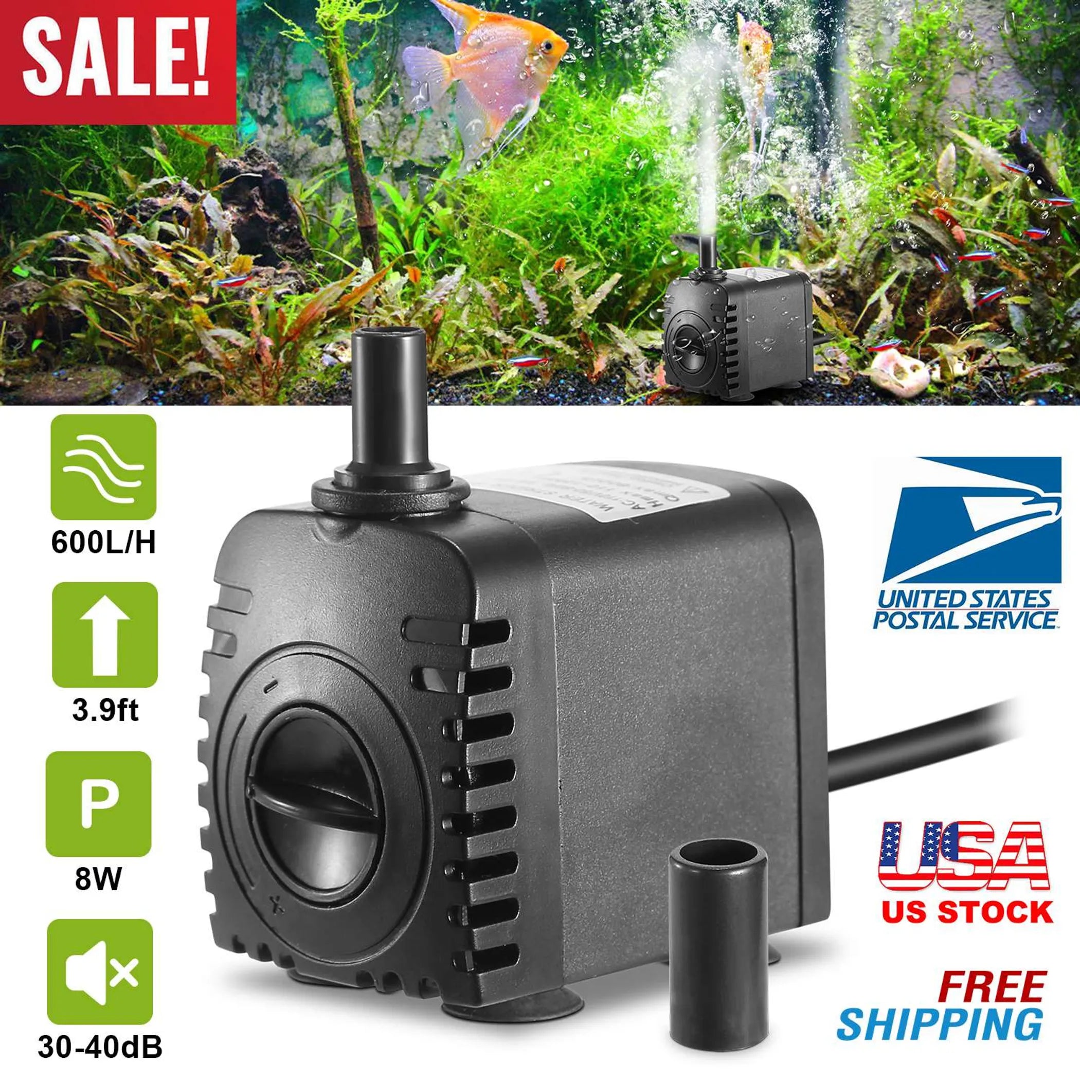 Submersible Water Pump 265GPH (1000L/H) 15W Ultra Quiet Fountain Pump