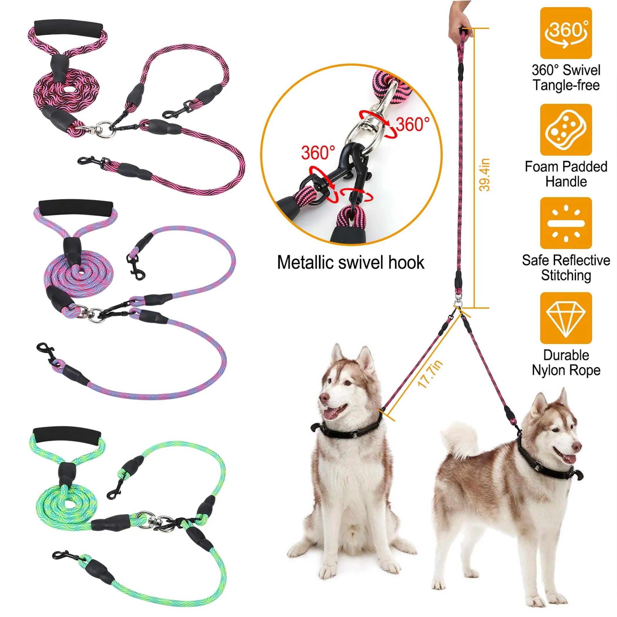 Double Dogs Leash No-Tangle Dogs Lead Reflective Dogs Walking Leash