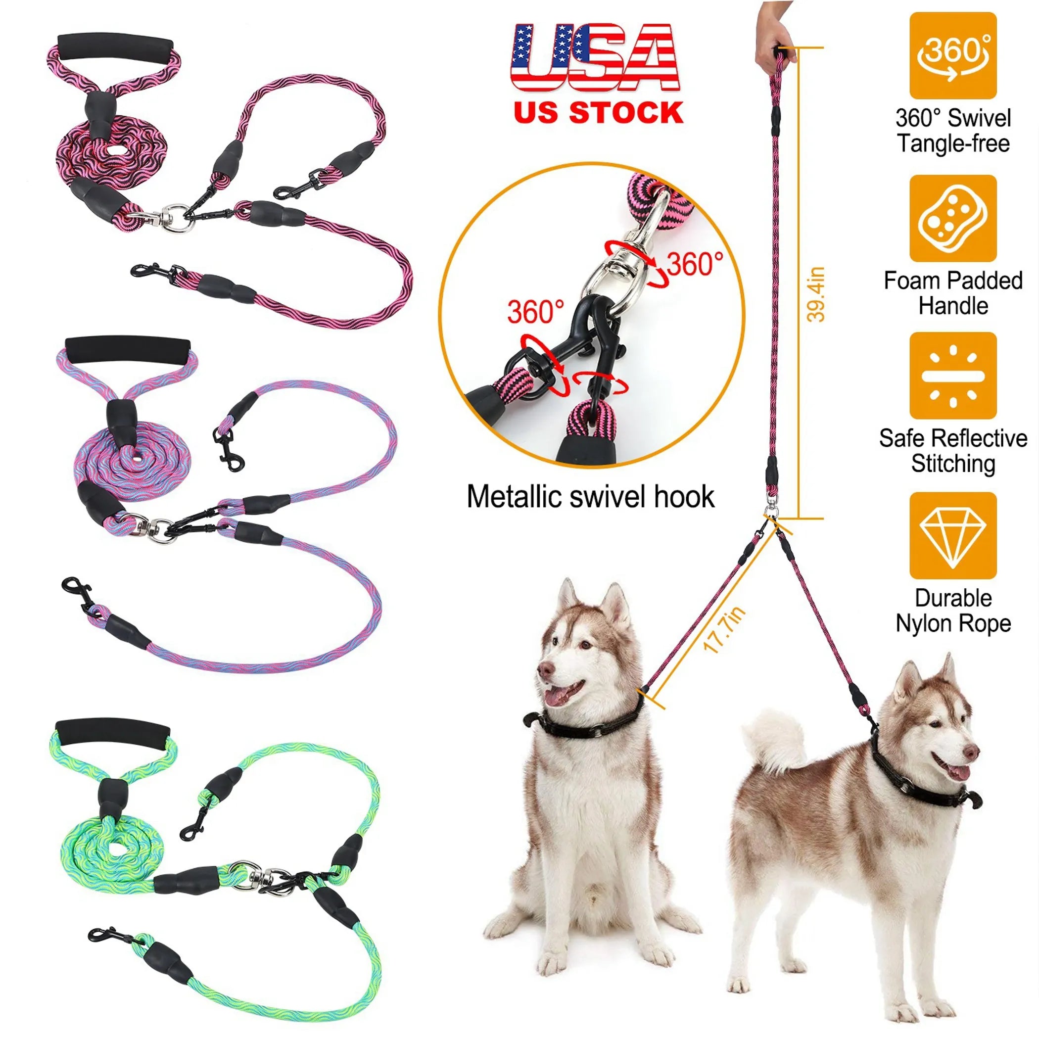 Double Dogs Leash No-Tangle Dogs Lead Reflective