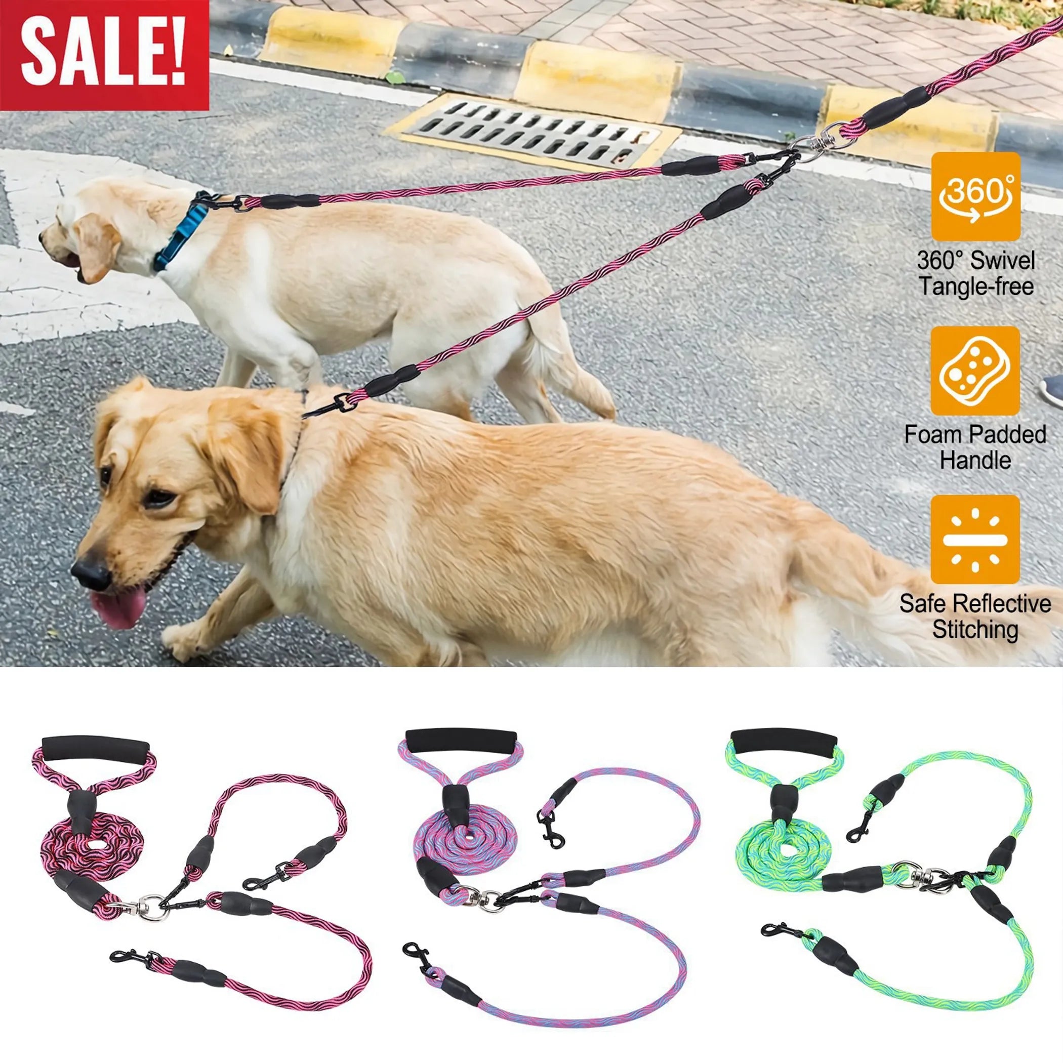 Double Dogs Leash No-Tangle Dogs Lead Reflective
