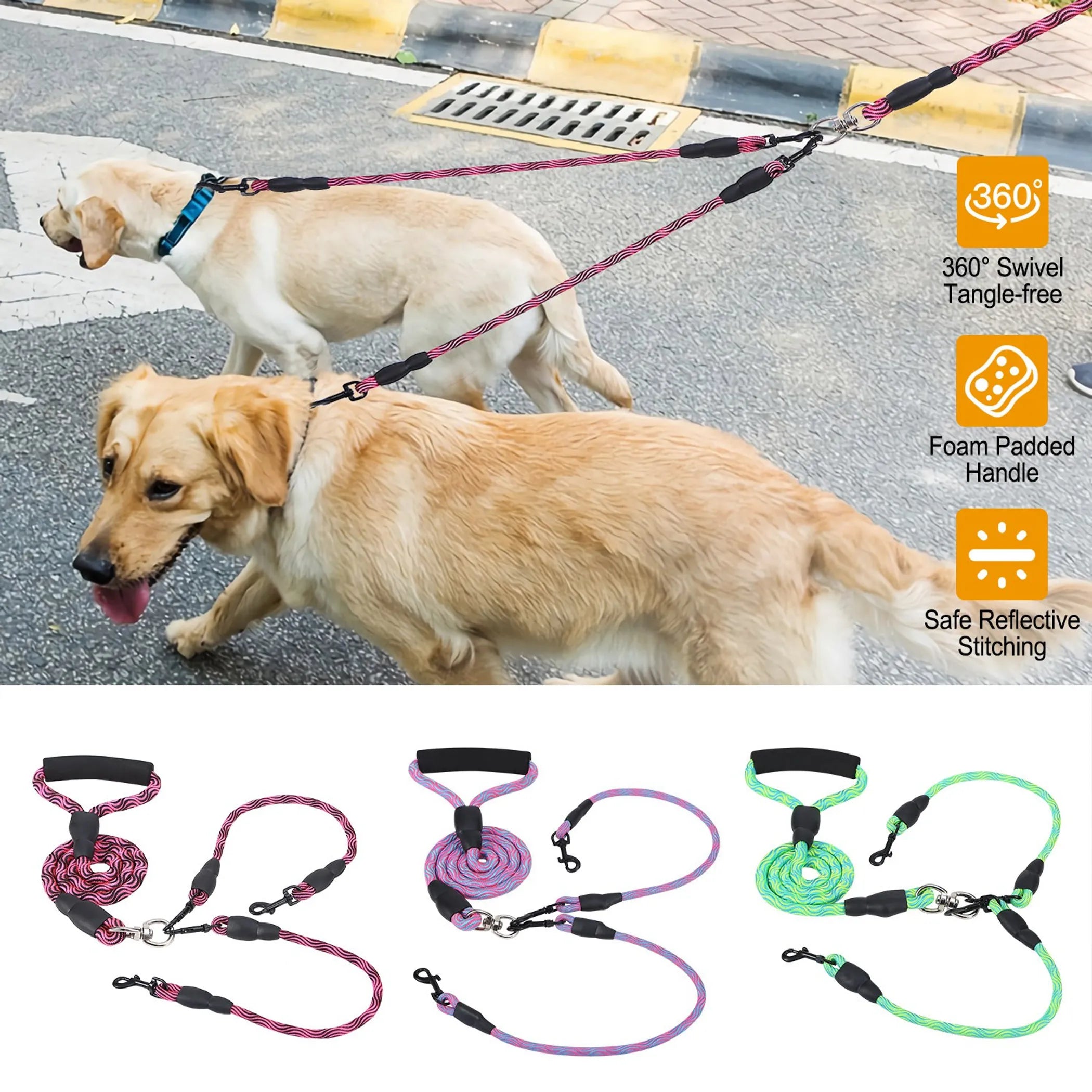 Double Dogs Leash No-Tangle Dogs Lead Reflective