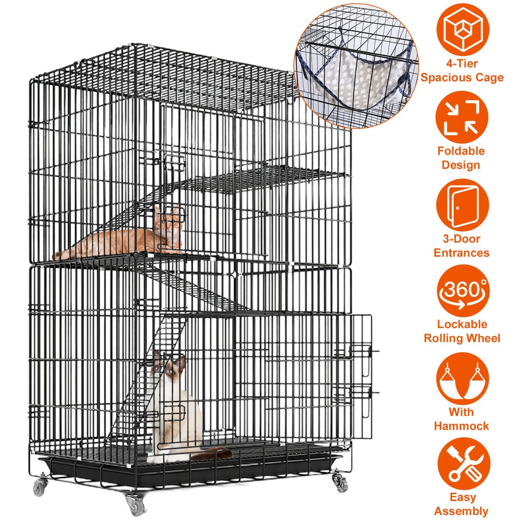 4 Tiers Cat Cage Rolling Metal Cat Playpen Enclosures Cat Kennel House