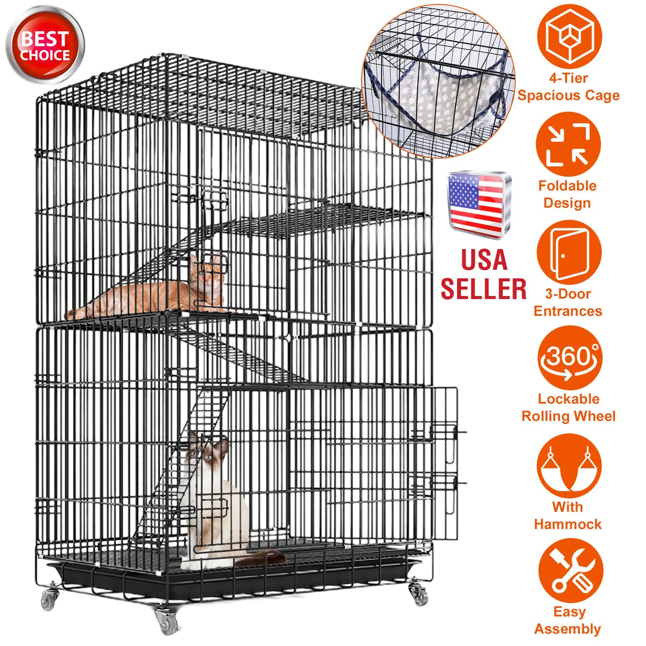 4 Tiers Cat Cage Rolling Metal Cat Playpen Enclosures Cat Kennel House