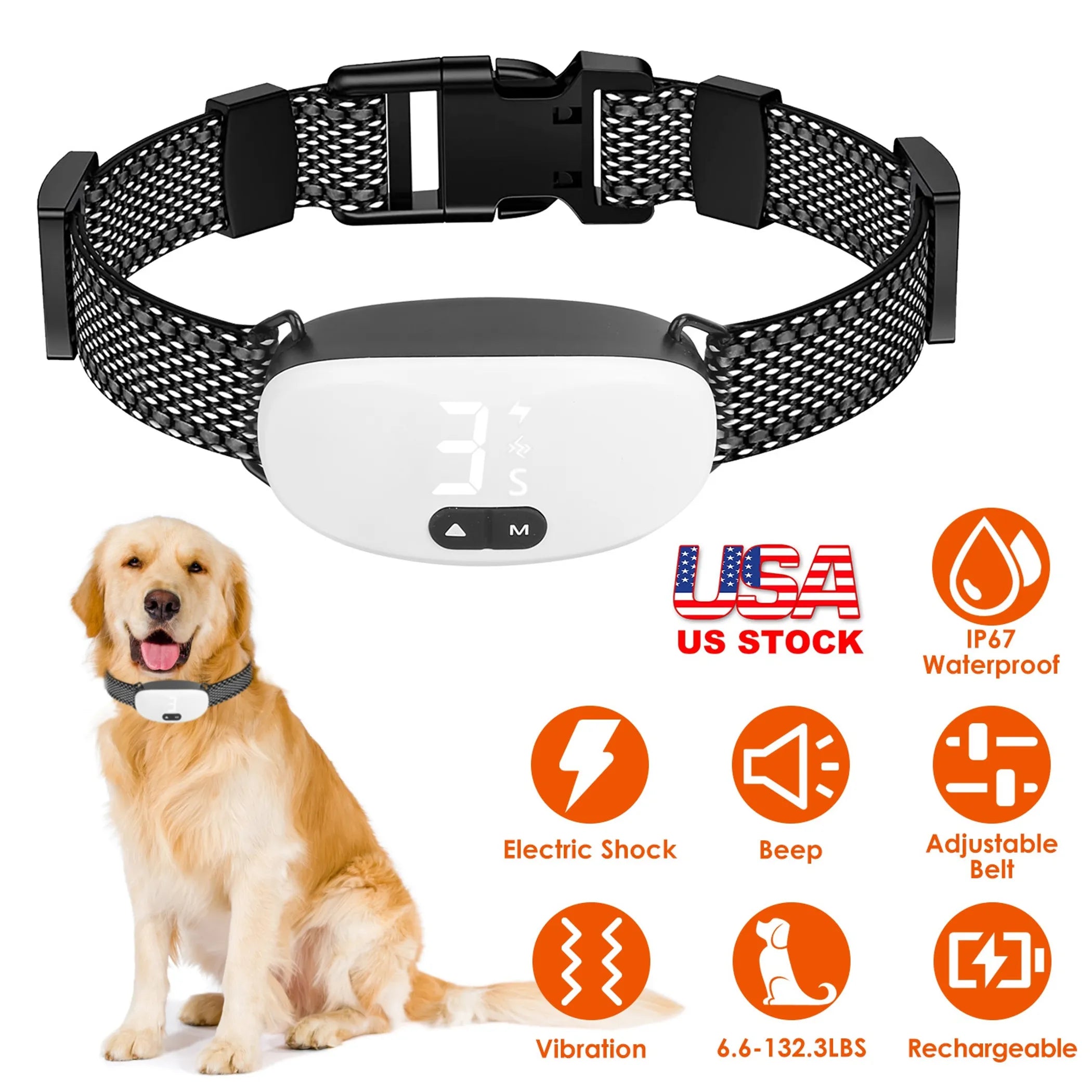 Electric Dog Training Collar IP67 Waterproof Rechargeable Dog Bark Collar