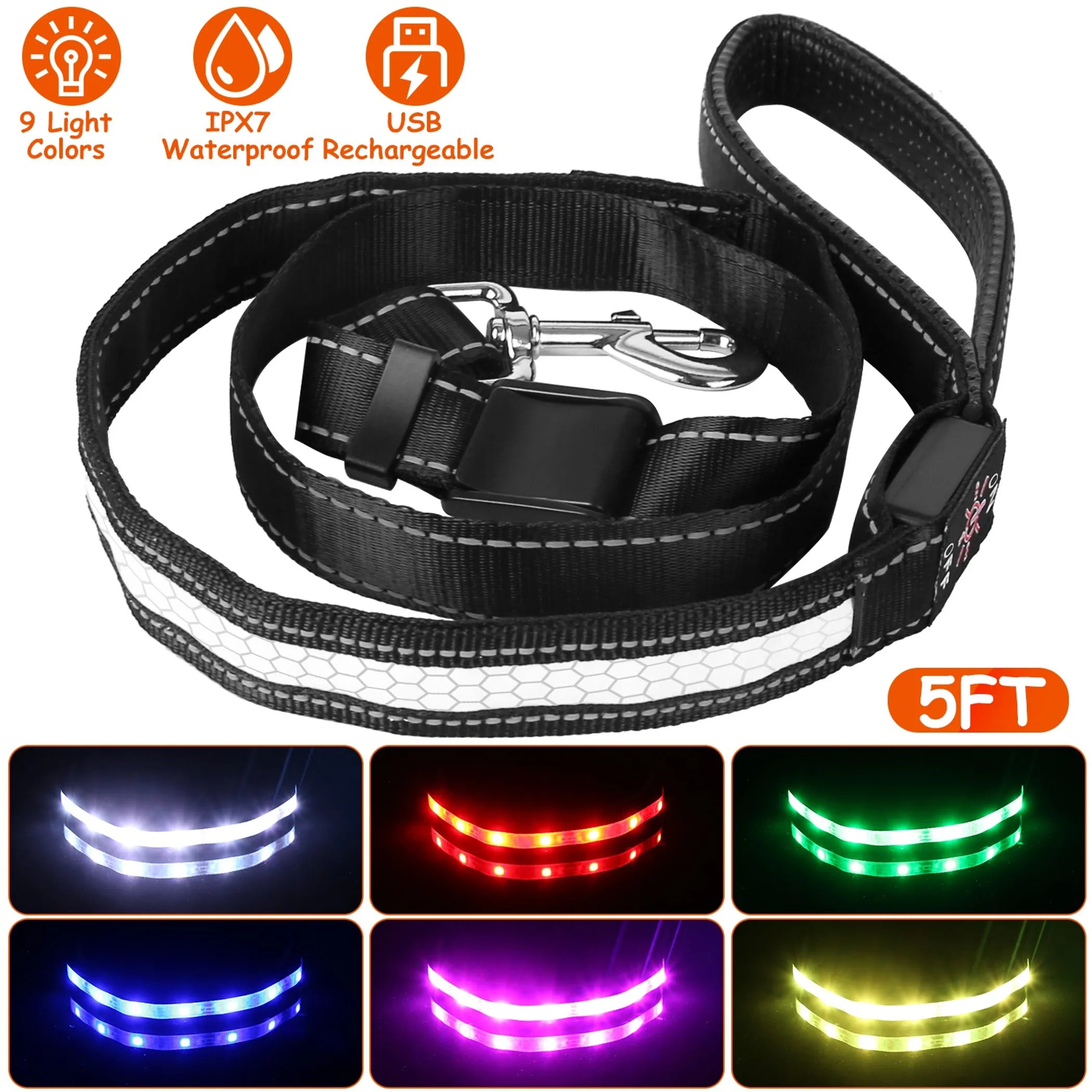 5FT Light Up Dog Leash LED Dog