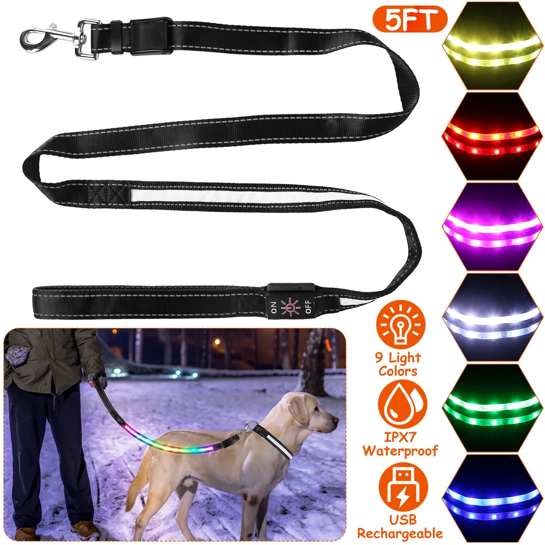 5FT Light Up Dog Leash LED Dog