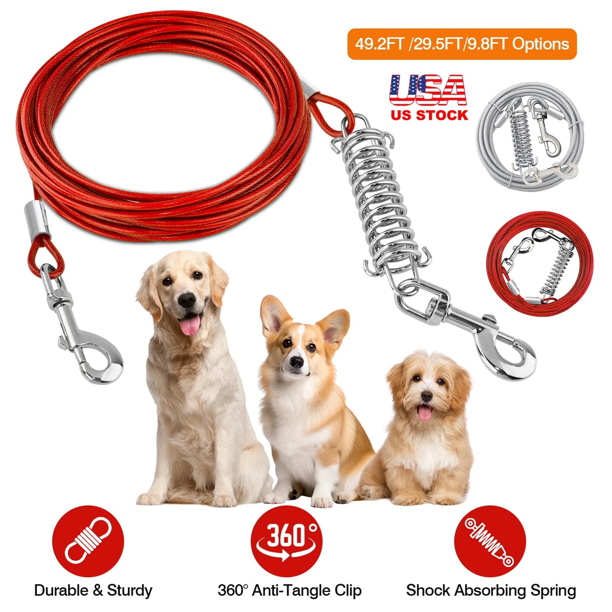 9.8FT Dog Tie Out Cable Long Dog Leash Chew Proof Lead Dog Chain