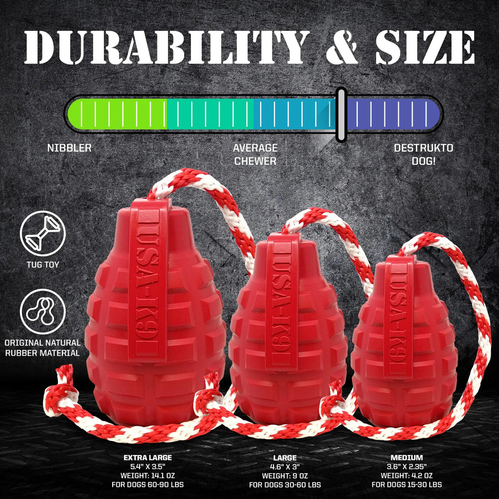 USA-K9 Grenade Shaped Rubber Dog Toy - Chew, Treat Dispenser & Tug Toy